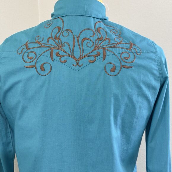 Wrangler Shirt Womens Wrancher Pearl Snap Embroidered Western Teal Sz Sm - Picture 6 of 8
